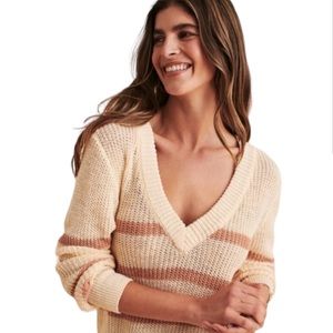 Faherty Linen Organic Cotton Brown Cream Striped Vneck Sweater Long Sleeve